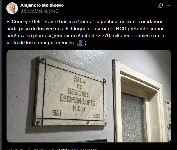 Molinuevo cuestionó el aumento de cargos en el Concejo de Concepción y advirtió que podría recurrir a la Justicia